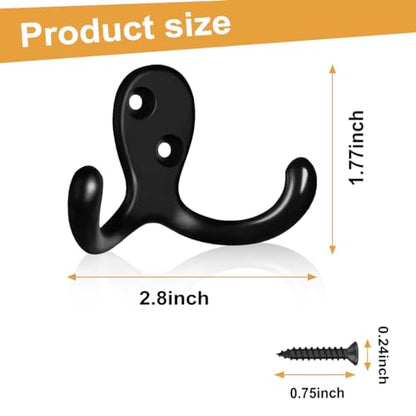 20 Pack Coat Hooks Wall Hooks for Hanging, Heavy Duty Double Prong Metal Hook Wall Mounted for Living Room, Bathroom, Kitchen, Bedroom for Coat, Bag, Scarf, Towel, Hat, Key, Cup (Black) - color: Black-20pack