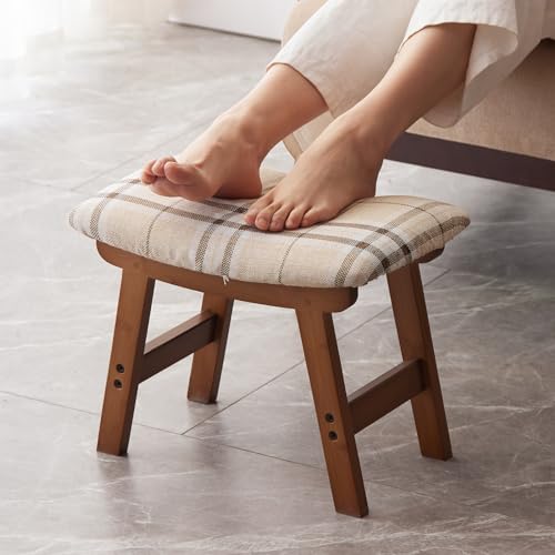 Kitsanery Foot Stool,Ottoman,Bamboo Small Sofa Foot Rest Under Desk,Extra Seating for Living Room, Bedroom and Kitchen (Brown Stool Legs - Stripes Surface) - color: Brown Stool Legs - Stripes Surface