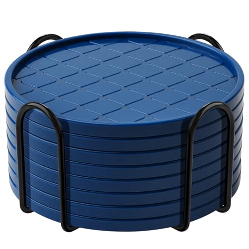 Coasters Set of 8,Hot or Cold Drink Coasters with Holder,Modern Style Coffee Table Coaster,Suitable for Kinds Cups Beer,Drink,Anti-Overflow Tabletop Protection (Navy Blue, 8pcs) - color: Navy Blue, size: 8 pcs