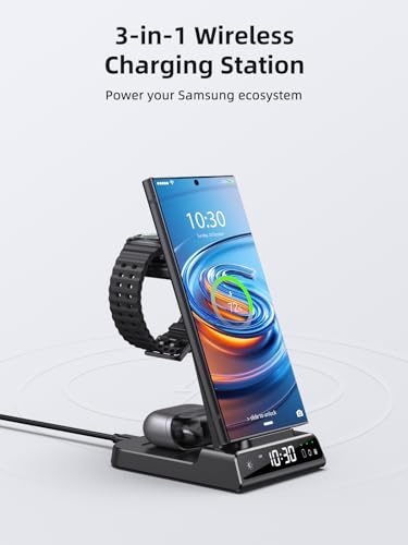 Wireless Charger for Samsung Charging Station: 3 in 1 Android Charging Stand with Dimmable Clock - Nightstand Organizer for Galaxy S25 Ultra, Galaxy Watch 8 7 6 5 4, Galaxy Buds (Not for iWatch) - color: Black