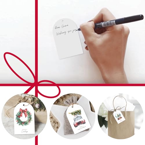 Arc-Shaped Watercolor Christmas Gift Tags - 80 Holiday Tags with String, 8 Watercolor Arch Designs - 350 GSM Christmas Name Tags for Gifts - style: Watercolor