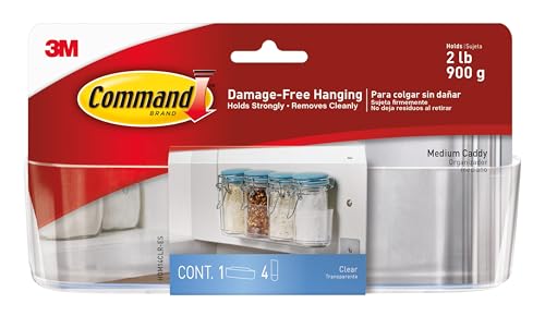 Command Medium Caddy, Holds up to 2 lb, 7.5" x 2.1" x 2.1", 1 Caddy with 4 Strips, Damage-Free Organization Wall Mount to Cabinet, Kitchen, Pantry, Closet, or Under Sink - color: Transparent
