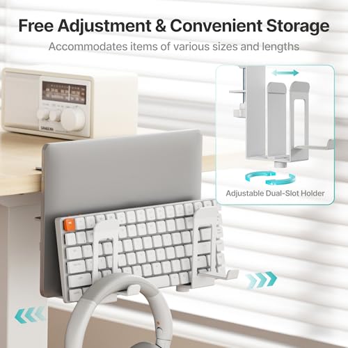 PEGZONE Laptop Stand Vertical, 2-Slot Under Desk Laptop Holder, White | Desk Side Storage with Headphone Holder, Laptop Organizer for Office Gaming - color: White