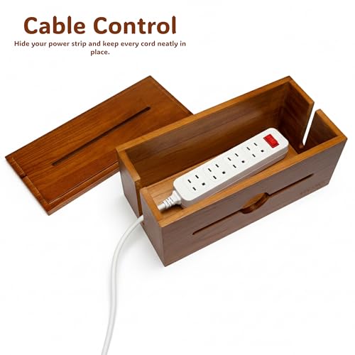 Wooden Cable Management Box for Power Strips, Desk Cord Organizer for Home Office & TV Stand, Hidden Cable Storage with Phone Stand