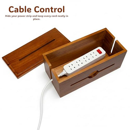 Wooden Cable Management Box for Power Strips, Desk Cord Organizer for Home Office & TV Stand, Hidden Cable Storage with Phone Stand