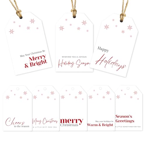 Christmas Gift Tags - 80 Modern Text Holiday Tags with String, 8 Minimal Typography Designs - 350gsm Christmas Name Tags for Presents - style: Modern