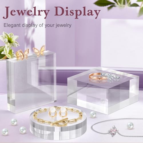 SAMYUCHO Acrylic Base Stand 4 Pieces Acrylic Blocks for Display 4 X 4 X 2 Inch Clear Polished Block Square Cube Riser Display Pedestal Stands for Jewelry Perfume Ring Collection Props Cake