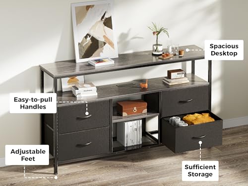 Huuger 47 Inch TV Stand Dresser with Power Outlets and LED Lights | Entertainment Center with 4 Drawers, PU Finish, Grey and Black, Dresser for 55 50 Inch TV, Open Shelf, Media Console - color: Grey and Black, size: 47.2 Inches