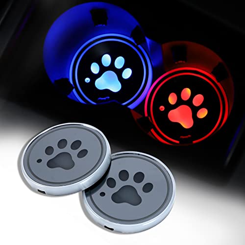 ACODABLEM 2 Pack LED Cup Holder Lights, Dog Paw Car Coaster with 7 Colors Changing USB Charging Mat, Luminescent Cup Pad Interior Atmosphere Lamp Decoration Light (Multi) - color: Multicolor Paw