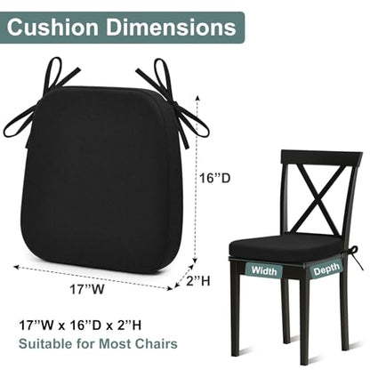 Shinnwa Dining Chair Pads, Patented Design Memory Foam Kitchen Chair Cushions with Ties and Washable Cover, 17" x 16" x 2", Black - color: Black