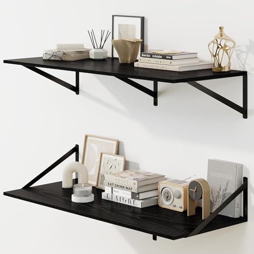 Fun Memories Floating Shelves for Wall, 12 Inch Deep Floating Shelves Set of 2, 36W x 12D Large Wall Shelf with Sturdy Metal Brackets for Living Room, Bathroom, Bedroom and Kitchen, Black - color: A-black, size: 36"w x 12"d