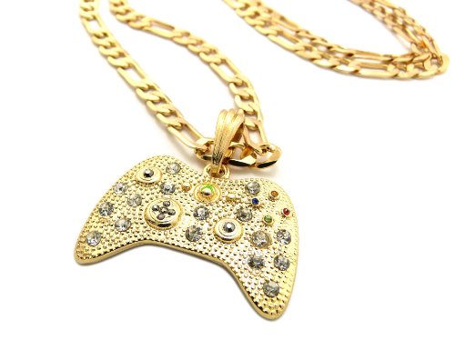 New Iced Out Game Controller Pendant 5mm/24" Figaro Chain Hip Hop Necklace MSP379 - color: Gold