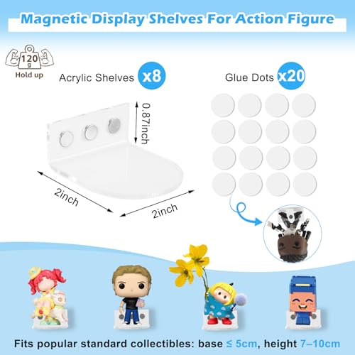 8PC Small Acrylic Magnetic Display Shelves – 2" Clear Floating Display Stand for Funko Pop, Action & Vinyl Figures, Ideal for Refrigerator, Pegboard, Kitchen Decor - style: Magnetic-8PC