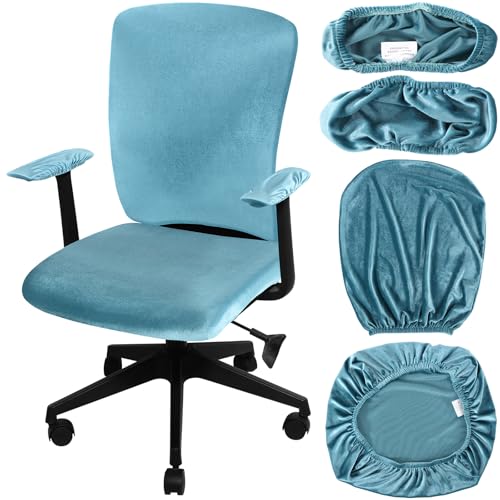Tallew 4 Pcs Office Chair Covers Set Computer Universal Protective Stretchable Chair Seat Covers Desk Armrest Slipcovers Pads Office Cushion Backrest for Rotating(Lake Blue) - color: Lake Blue