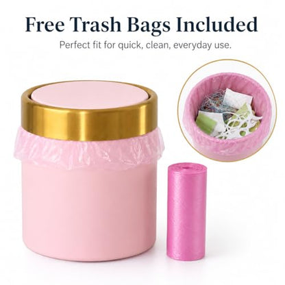 Pink Mini Countertop Trash Can with Lid – Metal Tiny Makeup Vanity Swing-Top Waste Bin, 1.5 L / 0.40 Gal - color: Pink