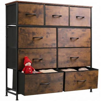 WLIVE 9-Drawer Dresser, Fabric Storage Tower for Bedroom, Hallway, Entryway, Closet, Tall Chest Organizer Unit with Fabric Bins, Steel Frame, Wood Top, Easy Pull Handle, Rustic Brown Wood Grain Print - color: Rustic Brown Wood Grain Print