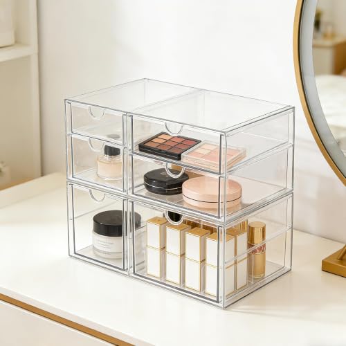 Prsildan Acrylic Makeup Organizer Clear Storage Drawer with 6 Small Drawers | Transparent, Vanity Organizers, For Bathroom Kitchen Cabinet Office Desk Under Sink, Set of 2 - style: 6 Drawers