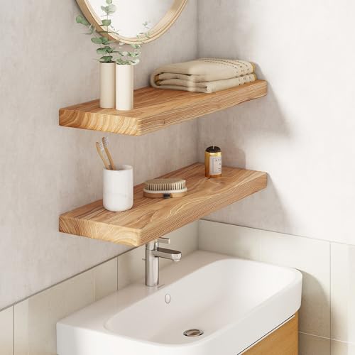 24" Rustic Elm Wood Floating Shelves, 8 Inch Deep Wall Shelves for Home Decor, Wall Mounted Floating Shelf with Invisible Bracket, Heavy-Duty Storage & Display Shelf for Living Room, Kitchen, Set of 2 - color: Usa-sourced Elm Wood, size: 24"W x 8"D