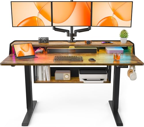 ErGear Electric Standing Desk, 55x28 Inch Adjustable Sit Stand Desk with Bookshelf & Monitor Stand, Standing Gaming Desk with LED Light Strip, Stand Up Desk for Home Office, Vintage Brown - color: Vintage Brown, size: 55*28 Inch with shelf