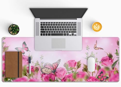 Mouse Pad Gaming, Large Mouse Pads for Desk, Keyboard Mouse Mat Desk Pad, Non-Slip Rubber Base with Stitched Edges Mousepad, 31.5x11.8in Roses Butterfly - color: Roses Butterfly