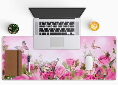Mouse Pad Gaming, Large Mouse Pads for Desk, Keyboard Mouse Mat Desk Pad, Non-Slip Rubber Base with Stitched Edges Mousepad, 31.5x11.8in Roses Butterfly - color: Roses Butterfly