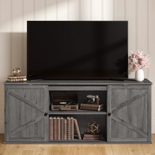 VASAGLE Farmhouse TV Stand for TVs up to 65 Inches, Entertainment Center with Storage Cabinets and Sliding Barn Doors, Media Console Table for Living Room, Grey ULTV535G101 - color: Grey, size: 58"L, style: TV Stand