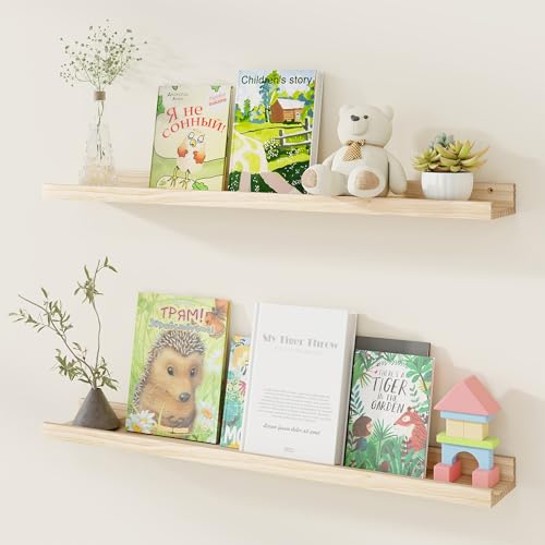 Fun Memories Picture Ledge Shelf, Pine Wood Floating Shelves Set of 2, 36 inch Nursery Book Shelves, Photo Ledge Book Shelves Wall Mounted for Living Room Kids' Room Bedroom - Natural - color: Usa-sourced Pine Wood Natural Unfinished, size: 36in