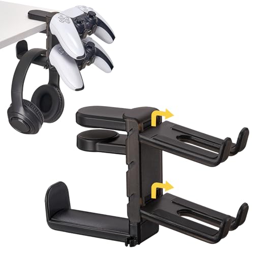 3 in 1 Under Desk Headphone Hanger with Adjustable Clamp Mount, 2 Controller Slots & 1 Headset Universal Holder Stand, Rotatable Hook Rack & Cable Organizer, for Home Gaming Xbox ps5 - Black - size: Black - 1 Headphone & 2 Controllers