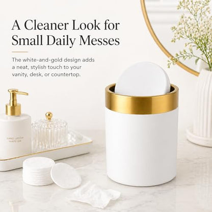 Mini Trash Can with Lid, 1.5L / 0.4 Gal Small Metal Countertop Trash Bin with Swing Lid for Desk, Coffee Bar, Vanity, Bathroom, Office, White - color: White