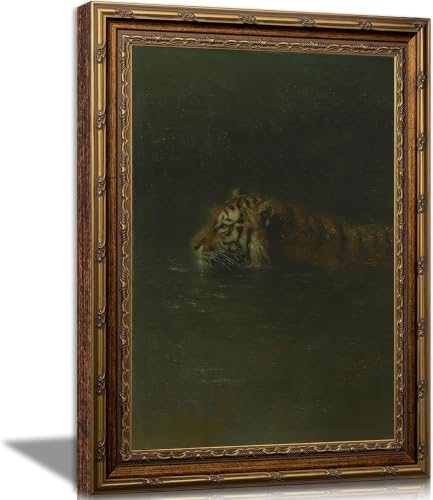 Electrilucn Tiger Wall Art, Vintage Gold Frame Wall Decor, Tiger in Water Poster, Dark Green Background Artwork, Wildlife Print Picture, Retro Home Decor for Living Room Bathroom Animal Lovers 9x11in - color: Tiger, size: 11"L x 9"W