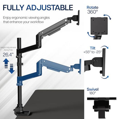 VIVO Pneumatic Arm Single Ultrawide Monitor Extra Tall Desk Mount for Up to 49 inch Screens, Heavy Duty Clamp, Holds Ultra Wides Up to 44 lbs, Black, STAND-V110K - size: Single Mount, style: Desk Mount