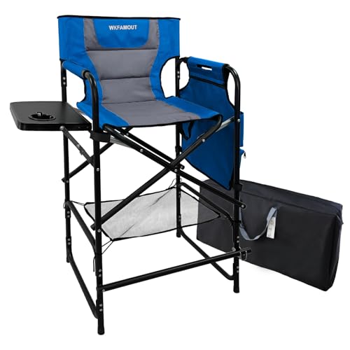 Tall Folding Directors Chair with Side Table 30.71" Seat Height Foldable Camping Chair Bar Stool for Makeup Artist Face Painting with Footrest and Storage Pocket Supports 350LBS - color: Blue, size: 30.71" Seat Height