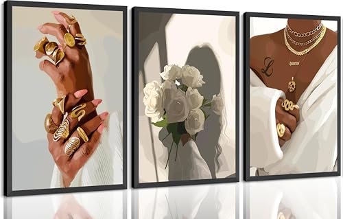 3Pcs Black Woman Poster Wall Art African American Painting Picture Wall Decor Fashion Trendy Black Canvas White Flower Aesthetic Poster Print Artwork for Girls Room Dormitory Bedroom Home Decoration - color: Black Woman Poster, size: 16"L x 12"W