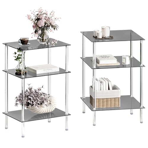Tempered Glass Side Tables Set of 2 Acrylic End Table with 3 Storage Shelve transparent Bedside simplicity clear 3-Tier Nightstands for small Spaces Office Bedroom Living Room Study black ET-008BK3T - color: Black, size: 3 tier High