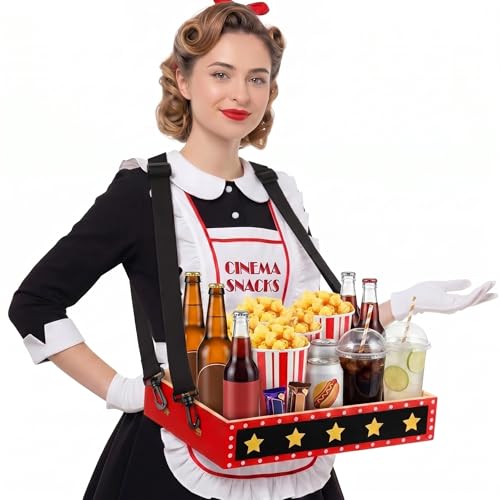 Movie Night Trays with Strap 15 x 10 x 3 Inch Wooden Snack Tray Party Wearable Serving Trays Usherette Popcorn Drink Beverage Carrier for Theater Family Room Film Carnival Prop Supplies(Star) - style: Star