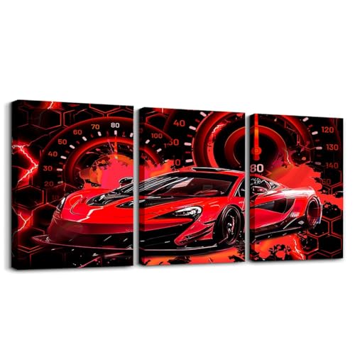 Feelyou Kids Red Race Car Canvas Wall Art for Living Room Bedroom Speed Sports Car Picture Wall Decor Boys Girls Racing Car Wall Painting and Prints Extreme Sports Bathroom Wall Art 12"x16"x 3Pcs - color: Multi K01