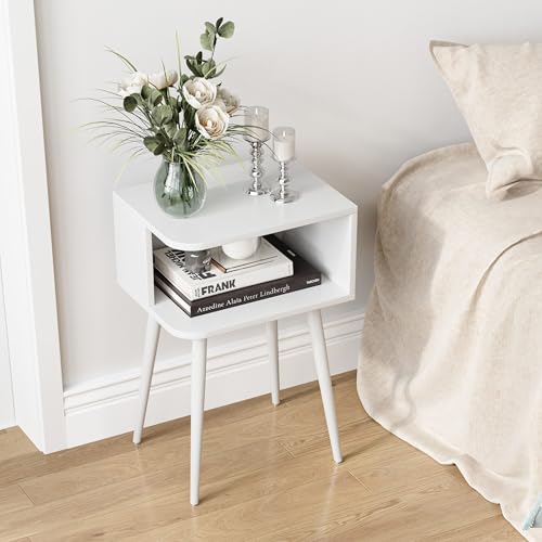 White Nightstand Set of 2, Small Bed Side Table for Small Spaces, Mid Century Modern Nightstand End Table with Open Storage, Side Table for Bedroom Living Room, MLBZ20W-2 - color: White