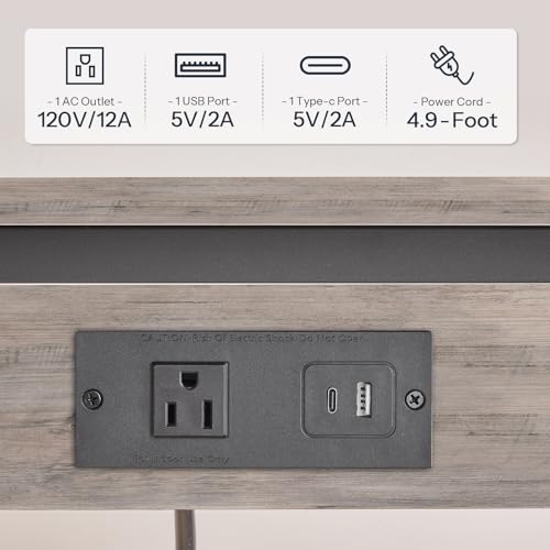 HOOBRO C-Shaped End Table with Charging Station, Adjustable Height Sofa Tray Side Table, Slide Under Couch Arm Table, Small C Side Table for Small Space in Living Room, Bedroom, Greige BG71USF01 - color: Greige + Black