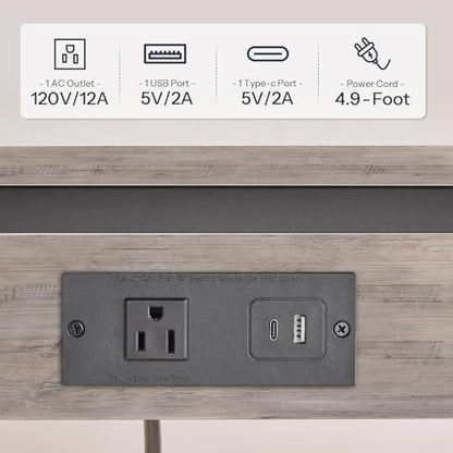 HOOBRO C-Shaped End Table with Charging Station, Adjustable Height Sofa Tray Side Table, Slide Under Couch Arm Table, Small C Side Table for Small Space in Living Room, Bedroom, Greige BG71USF01 - color: Greige + Black