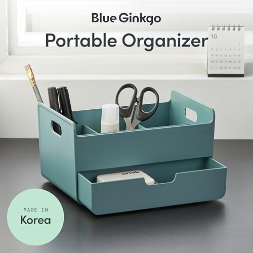 BLUE GINKGO Portable Desk Organizer – Compact 3 Compartment, Half-drawer Storage – Pen Holder, Stationery Desktop Organizer for Office, Makeup, Crafts (Made in Korea, Green) - color: GREEN, size: Portable