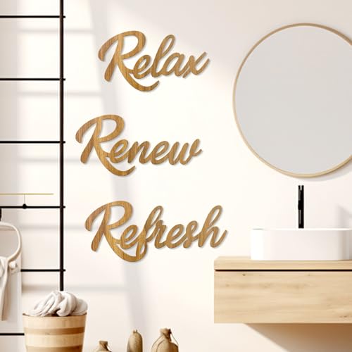 3 Pieces Bathroom Decor Rustic Bathroom Wall Art Wooden Bathroom Sign,Relax Renew Refresh Sign (Brown large) - color: Brown large