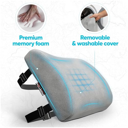 FORTEM Lumbar Support Pillow for Office Chair, Lumbar Support Pillow for Car, Back Rest for Gaming, Memory Foam Pillow, Desk Chair Cushion, Breathable & Washable Cover, Adjustable Straps - color: Grey Velour
