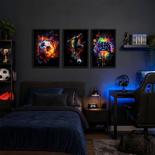 Soccer Gaming Wall Art Set Of 3 Black Framed Canvas Prints Neon Graffiti Soccer Ball Player And Controller Decor For Boys Room Teen Bedroom Game Room 12x16 Inches Each