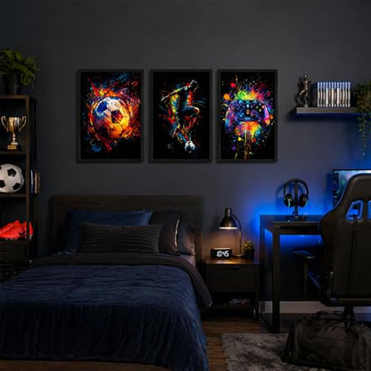 Soccer Gaming Wall Art Set Of 3 Black Framed Canvas Prints Neon Graffiti Soccer Ball Player And Controller Decor For Boys Room Teen Bedroom Game Room 12x16 Inches Each