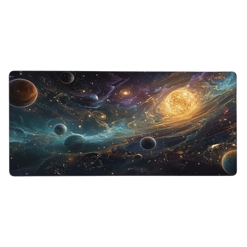 Extended Gaming Mouse Pad,XXL Extended Gaming Keyboard Mat, Solar System Universe Design, Laptop Desk Protector 35.4 x 15.7 Inches, Rubber Material, Anti-Slip Base, Rectangular Shape, Stitched Edges - color: Solar System Universe
