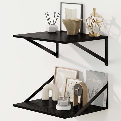 Fun Memories Floating Shelves for Wall, 12 Inch Deep Floating Shelves Set of 2, 16W x 12D Large Wall Shelf with Sturdy Metal Brackets for Living Room, Bathroom, Bedroom and Kitchen, Black - color: A-black, size: 16"w x 12"d