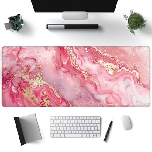 Desk Mat, Pink Marble XXL 35.4"x15.7"Large Gaming Mouse Pad, 3mm Thick Gaming Keyboard Pad,Desk Pad Non-Slip Rubber Base with Stitched Edges for Office Game Home Decor - color: Pink Marble