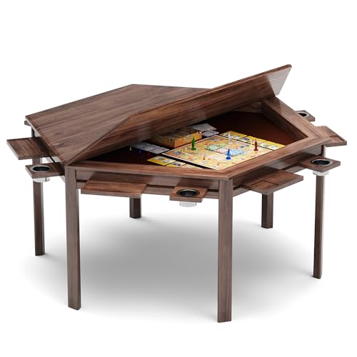 LAUSAINT HOME Board Game Table with Removable Table Top, 59” Play Area, Hexagon Gaming and Dining Table with Play Mat, Detachable Cup Holders and Trays for 6 Players, for Card, DND and Poker, Walnut - size: Hex Table