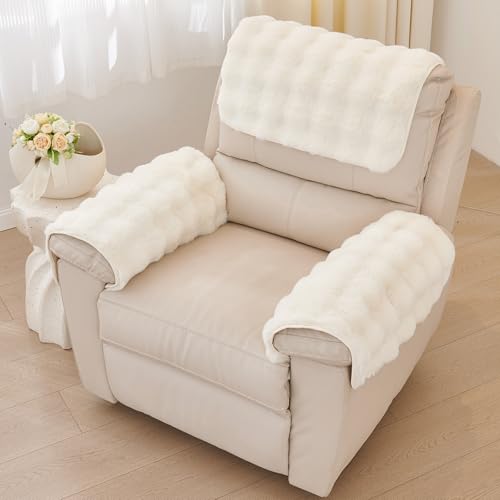 vctops 3 Pieces Faux Rabbit Fur Sofa Armrest Cover for Recliner Chair Non Slip Fluffy Furry Headrest Cover Soft Fuzzy Couch Cover for Dogs Washable Furniture Protector (Cream,1 Seat) - color: Cream