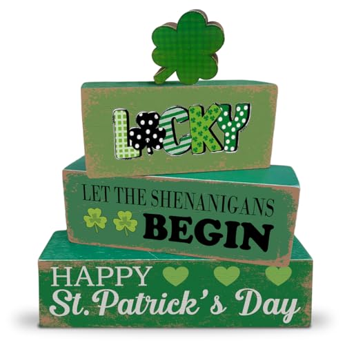 4 Pcs St. Patrick's Day Table Decoration Wooden Lucky Shamrocks Block Signs Happy St. Patrick's Day Table Centerpiece Irish Tiered Tray Decor for Desktop Shelf Mantel Farmhouse Home Decor - color: St. Patrick